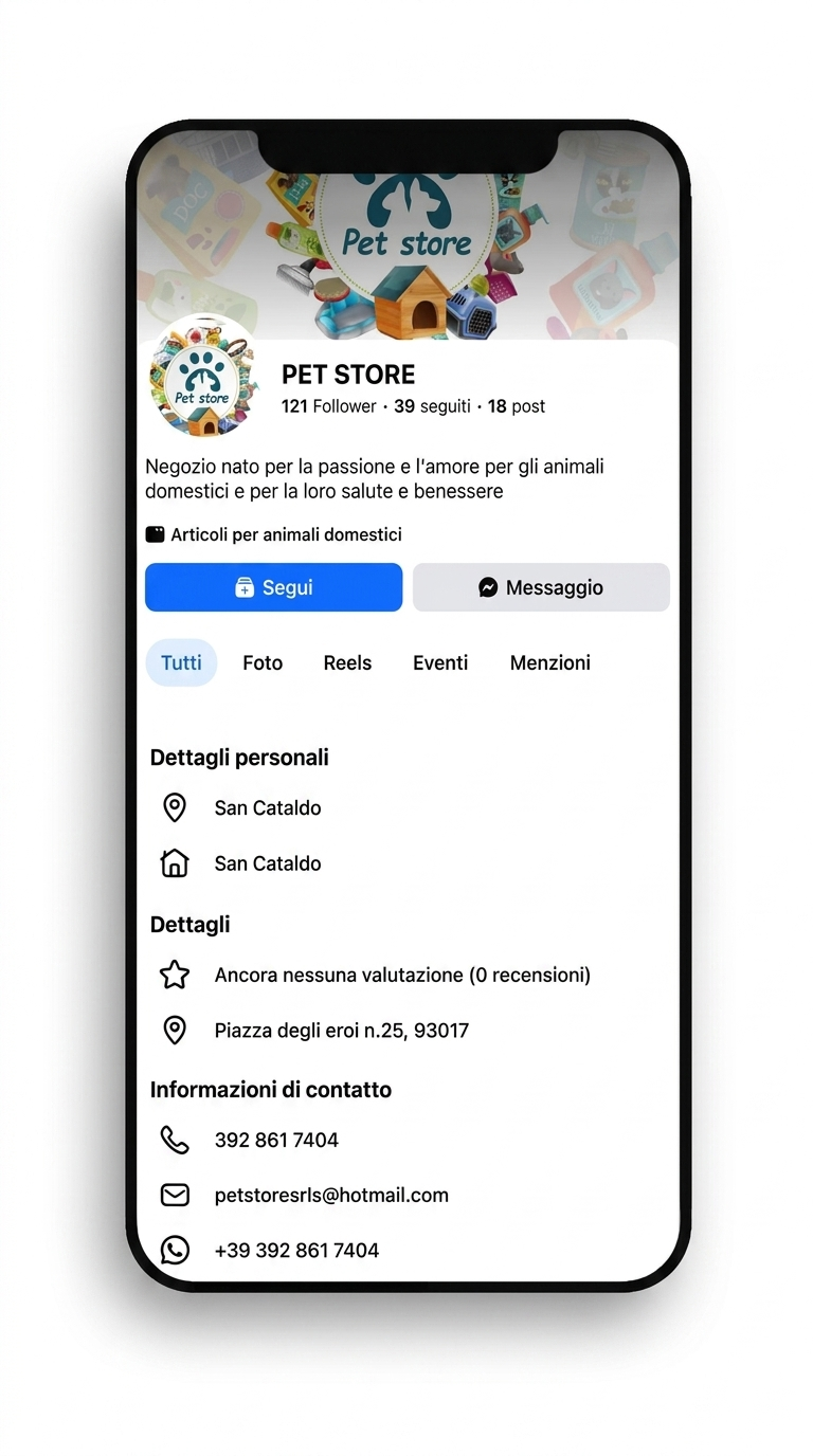 telefono con pagina social facebook di pet store